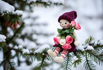 Jolie petite poupée en chiffon tenant une bouquet de roses , assise sur une branche de sapin enneigée. Generated Image. 
