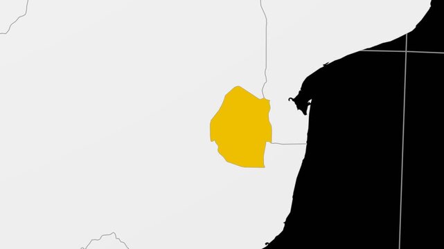 ESwatini map. Animated zoom into the country on the Globe in Black White color palette. Country logo animation. Map with meridians, parallels. Awesome video.