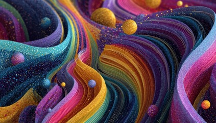 Vibrant abstract swirls of glittery colorful ribbons and spheres in a flowing design