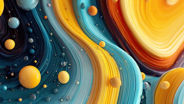 Abstract fluid waves of yellow, blue, and orange with many floating spheres