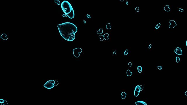 Holographic Outline Hearts Abstract Animation.A seamless loop of numerous abstract, glowing, outline heart shapes floating and rotating against a dark background. Perfect for romance, technology, cele