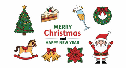 Merry Christmas and Happy New Year Vector Illustration with Santa, Tree, Gifts, and Holiday DecorationsChristmas, holiday, vector, greeting, festive, Santa, Claus, snow, tree, gift, decor, ornament, 