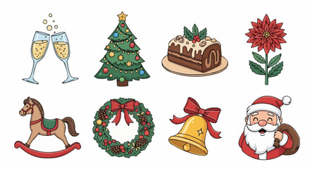 Naklejka premium Merry Christmas and Happy New Year Vector Illustration with Santa, Tree, Gifts, and Holiday DecorationsChristmas, holiday, vector, greeting, festive, Santa, Claus, snow, tree, gift, decor, ornament, 