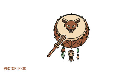 Traditional Native American Drum with Animal Face and Beaded Ornaments.