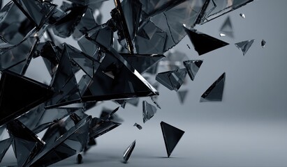 Abstract composition of dark, reflective glass fragments shattering against a light background