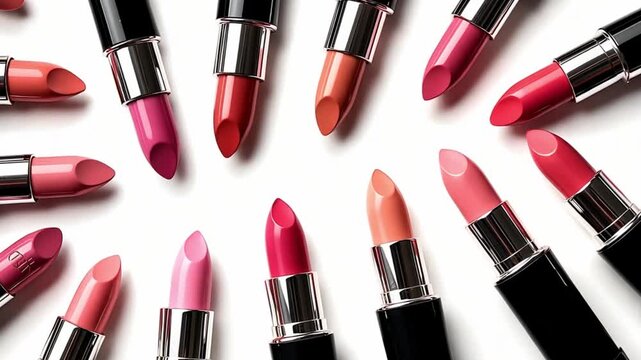 Variety of pink and coral lipsticks arranged on a clean white surface, showcasing beauty and cosmetic options