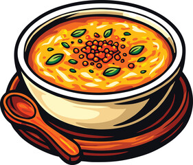 Creamy pumpkin soup in a bowl with herbs, warm autumn comfort food.