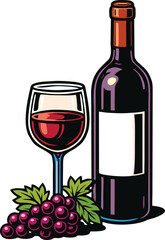 Red wine bottle and glass with grapes for elegant dining concept