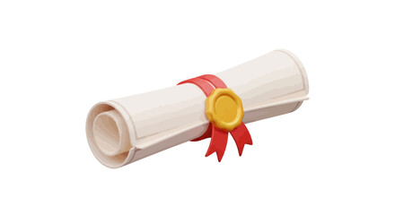 Rolled Diploma Certificate Scroll with Red Ribbon and Golden Seal.