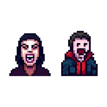 A terrifying set of 8-bit style pixel art horror icons. This collection features two portraits of characters inspired by classic slasher movies, possibly depicting a puppet villain 
