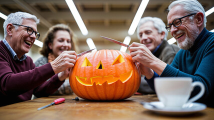 Seniors carving pumpkin together for Halloween celebration indoors  