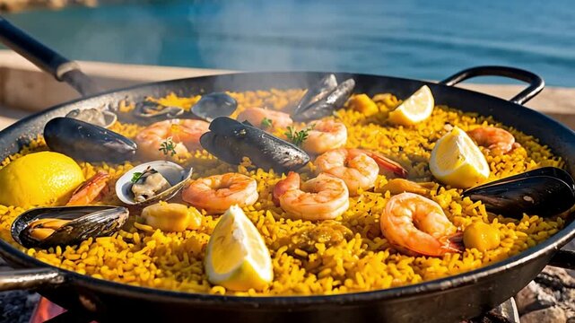 Traditional Spanish paella with shrimp, mussels, and clams steaming in a pan over glowing embers with a scenic ocean view