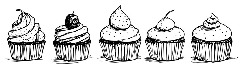 Hand-Drawn Cupcake Set — Vintage Ink Sketch Vector Illustration in Black and White