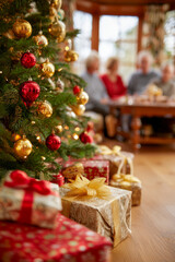 A Christmas tree with gold and red ornaments