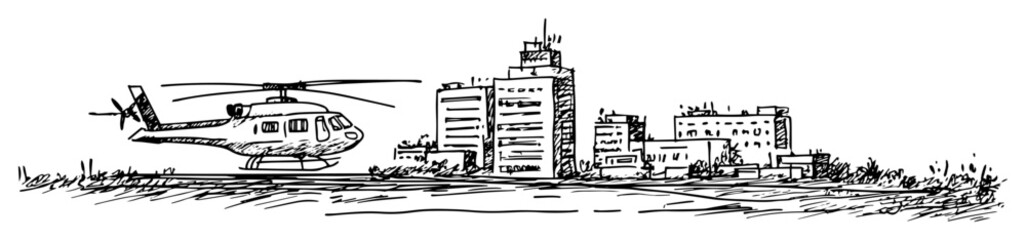 Obraz premium Hand Drawn Helicopter Landing Near City Skyline Vintage Ink Sketch Vector Illustration