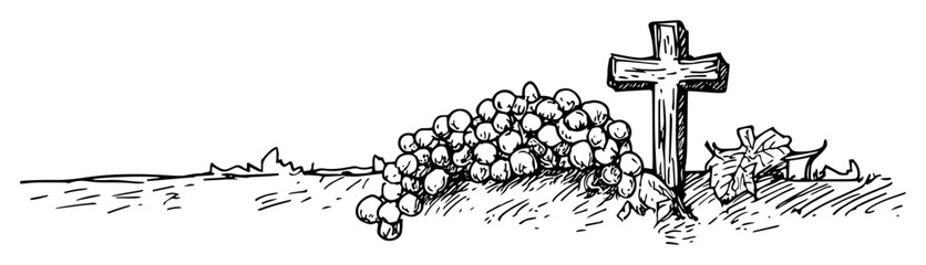 Hand drawn grave with cross and flowers black and white vector line art memorial illustration