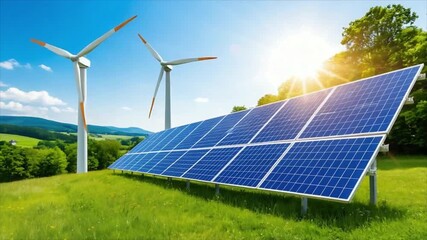 Solar panels and wind turbines generating renewable power on a green field under a clear blue sky, symbolizing sustainable energy - Powered by Adobe