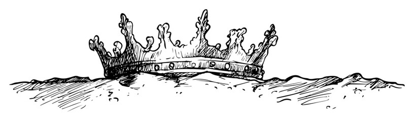 Hand Drawn Lost Royal Crown Buried In Sand Vintage Ink Sketch Vector Illustration © Kaz