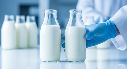 White liquid in glass bottles milk