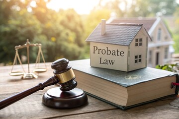 Gavel Resting Beside Probate Law Book and House Model in Daylight
