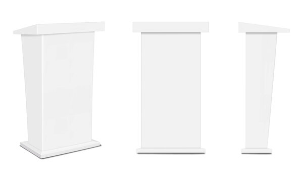Blank white rostrum. Front and side view. Realistic 3d vector mock-up. inclined tabletop promotional tradeshow table. Mockup. Slanted exhibition lectern portable counter stand. Template for design