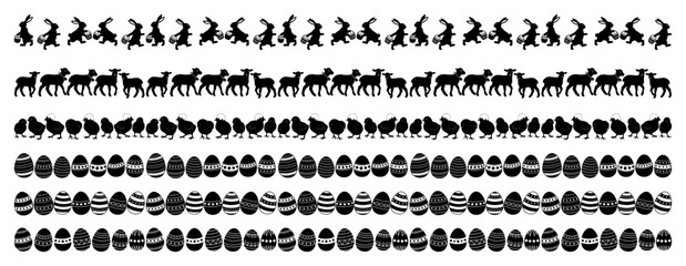 Hand drawn easter borders with bunnies chicks animals and decorated eggs repeating seamless pattern black and white vector set