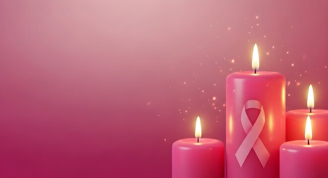 Pink Candles with Ribbon for Breast Cancer Awareness Copy-Space Left - Powered by Adobe
