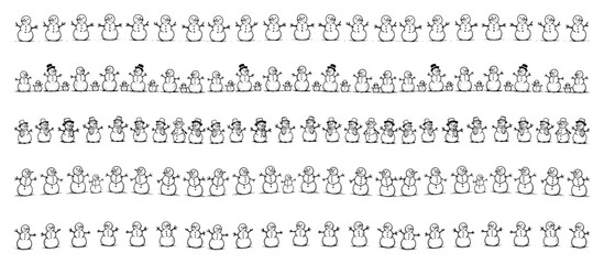Fototapeta premium Set of hand-drawn snowman borders. Winter Christmas vector decorative line dividers and doodle page elements.