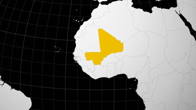 Mali map. Animated zoom into the country on the Globe in Black White color palette. Country logo animation. Map with meridians, parallels. Creative video.