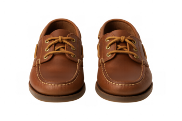 Pair of brown leather boat shoes on transparent background, displaying casual footwear style and comfort