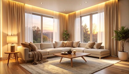 Fototapeta premium Modern cozy living room with warm tones and natural light