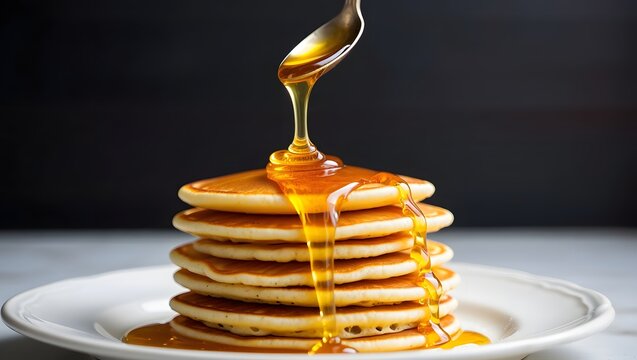 Pancakes with honey being poured from a spoon onto a stack of pancakes fresh made