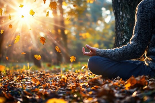 Meditation practice amidst autumn leaves tranquil park setting nature photography calm environment close-up view mindfulness concept