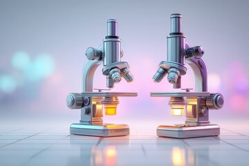 Modern scientific microscopes illuminate a lab, symbolizing research and discovery.