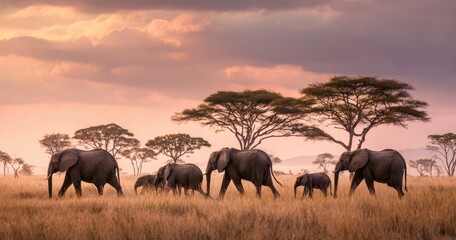 Fototapeta premium A herd of African elephants traverses an open savanna under a colorful sunset sky