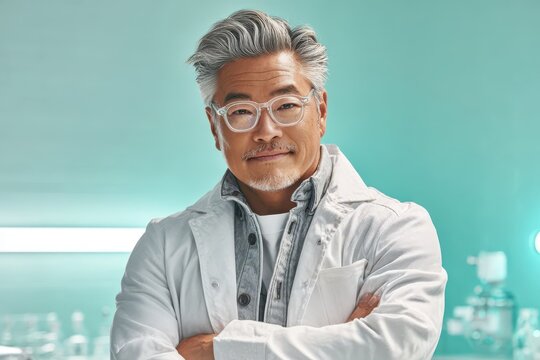 Confident Asian scientist with grey hair and glasses in a modern lab environment.