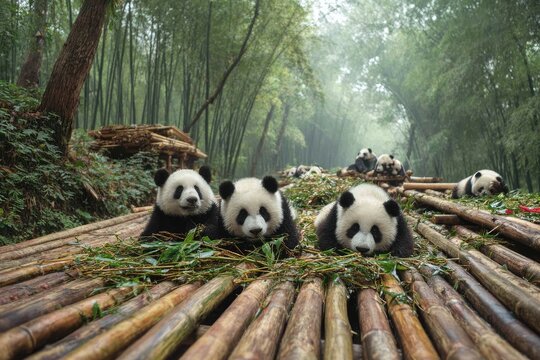 Three pandas resting in foreground of bamboo forest, with more pandas visible in the background