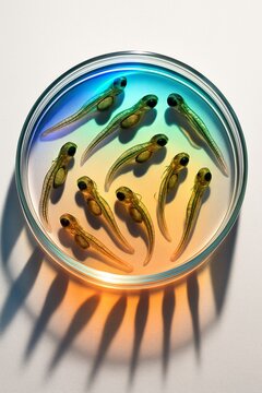 Zebrafish larvae being studied in a petri dish for developmental biology research.