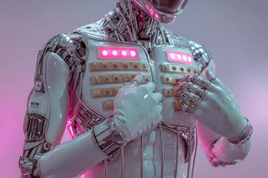 Advanced robot torso with glowing pink controls operated by segmented hands.