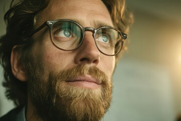 Close-up of a contemplative bearded man with glasses, looking up intently.