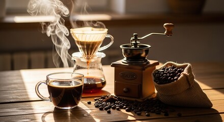 Coffee brewing process with manual grinder and pour over for fresh aromatic coffee experience at home