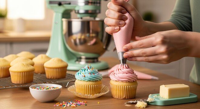 Baking cupcakes homemade recipe with mixer frosting decorating tutorial easy step by step guide diy dessert