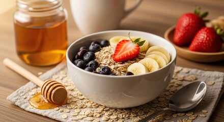 Healthy oatmeal bowl with fruit and honey for breakfast food photography and recipe inspiration