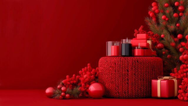 Festive christmas mock up knitted podium with blank space for promo, celebration concept with bright colorful decorations, natural trees, red boubles and gift boxes, magic candles, dark red background