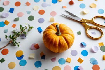 Crafting scene with mini pumpkin, colorful confetti, gold scissors, greenery on white surface