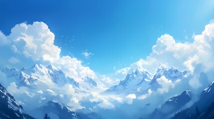 Majestic mountain landscape under a clear blue sky with fluffy clouds and distant peaks