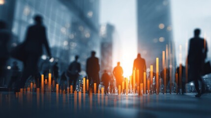 Blurred urban street scene with silhouetted figures and financial data overlay