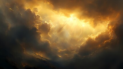 Majestic sunset illuminating dramatic clouds over distant mountains, evoking a sense of wonder
