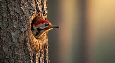 A woodpecker looking out from its nest in a tree during a warm summer evening
