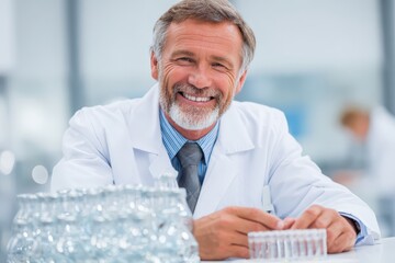 Smiling elderly scientist in lab coat looking at camera in a modern lab.